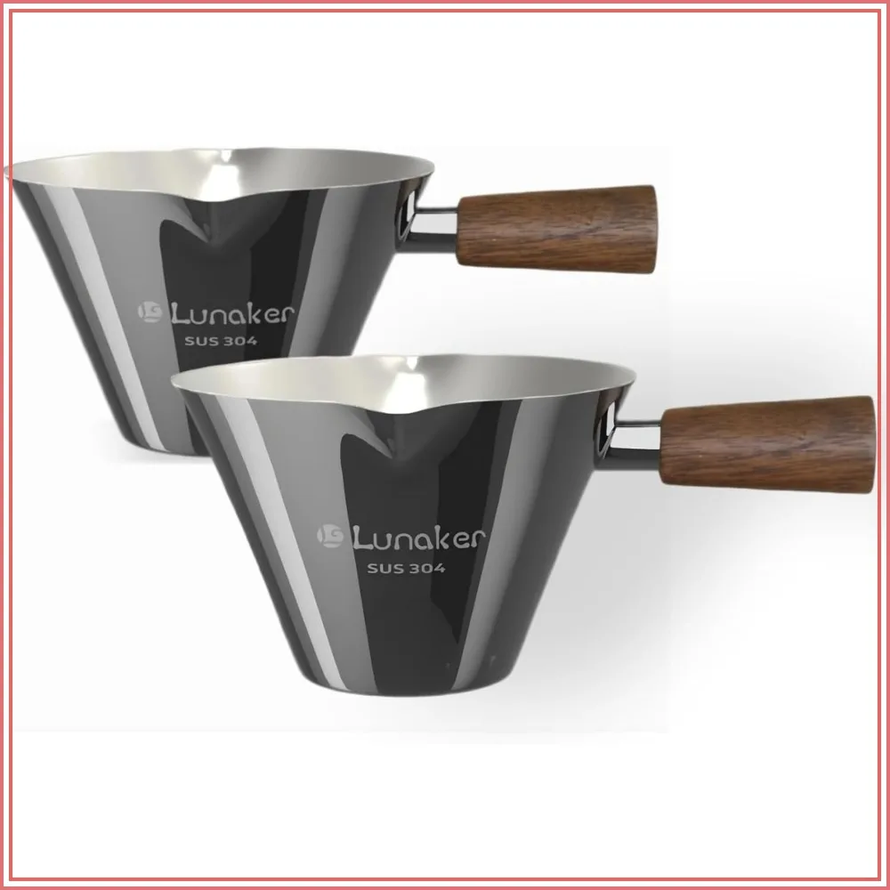4oz Espresso Shot Cups with Double Spouts & Wooden Handle - Coffee Bar Accessories, Silver (2 Pack)