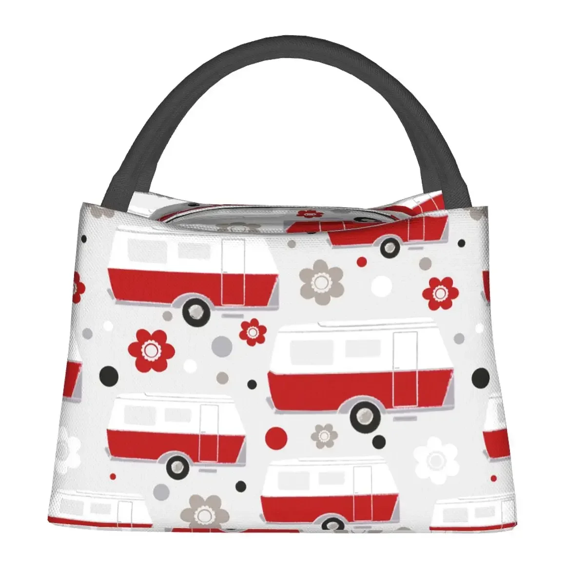 Vintage Caravan In Red, White And Grey Lunch Bags Insulated Bento Box Resuable Lunch Tote Picnic Bags Cooler for Woman Kids Work