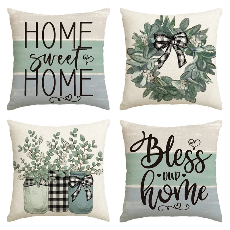 Spring Pillow Covers 18 X 18 Set Of 4, Spring Decorations, Eucalyptus Farmhouse Throw Pillow Cushion Case for Couch