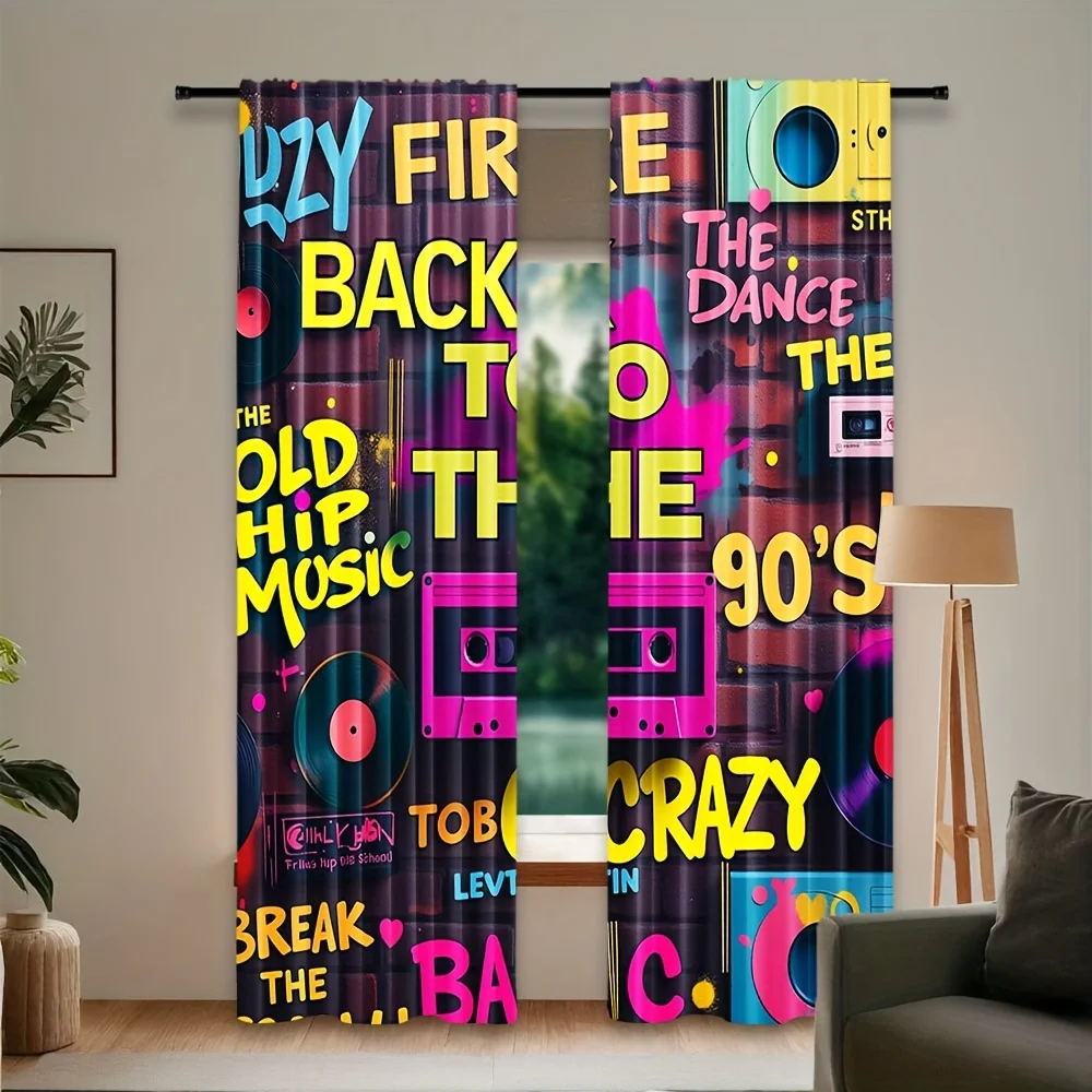 Retro 90s Hip Hop Curtains, Neon Graffiti & Cassette Print Blackout Drapes for Game Room, Vintage Music Party Home Decor