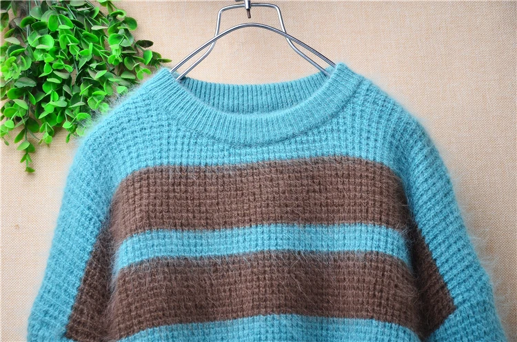 Jersey de punto de Angora peludo a rayas para mujer, Jersey de manga larga con cuello redondo, suéter suelto, ropa de otoño e invierno