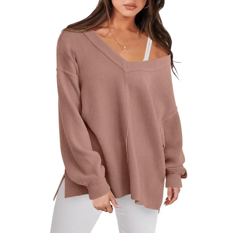 

2024 Autumn Winter V-neck Solid Sweater Women Pullover Casual Loose Sweater Fashion Women Top Clothes Jumpers New 28964