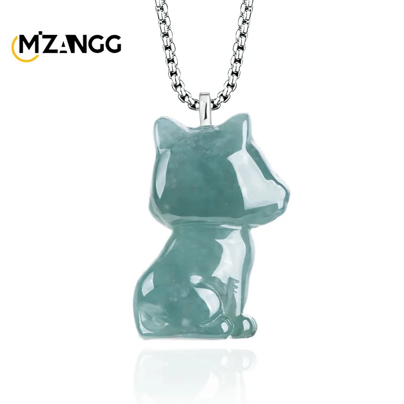 Authentic Natural Jadeite Blue Water Three-dimensional Cat Pendant Hand-carved Cute Simple Men's and Women's Necklace Mascot