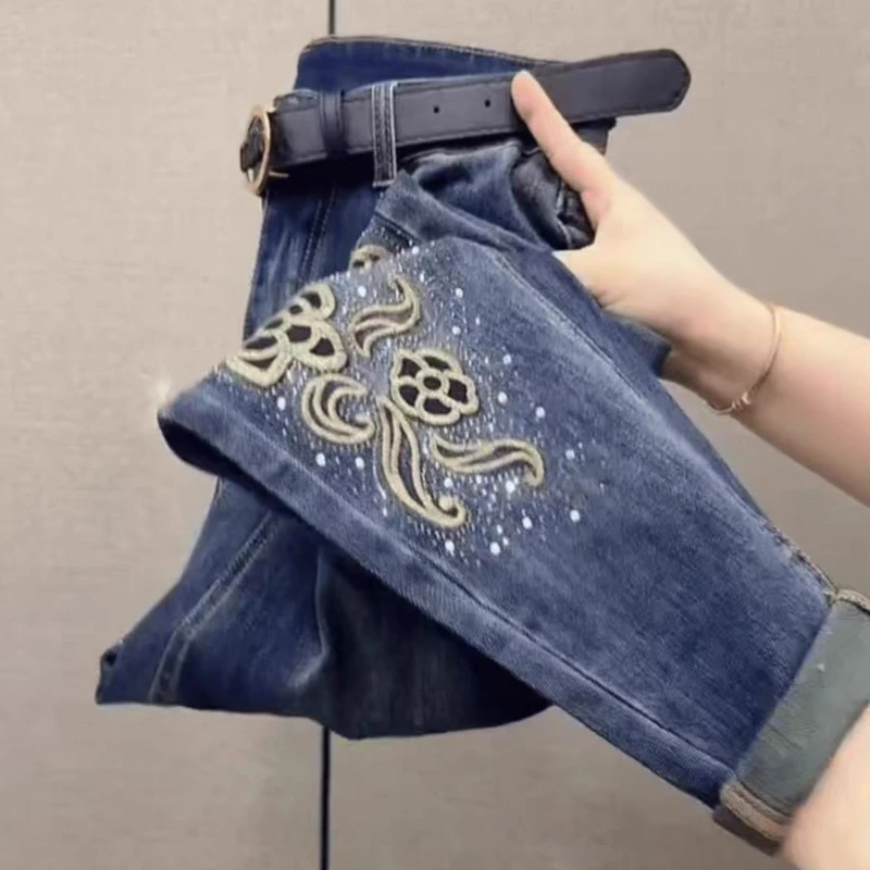 Design Embroidered Hot Diamond Jeans Women 2026 Autumn New High Waist Denim Trousers Skinny Elastic Harlan Radish Daddy Pants