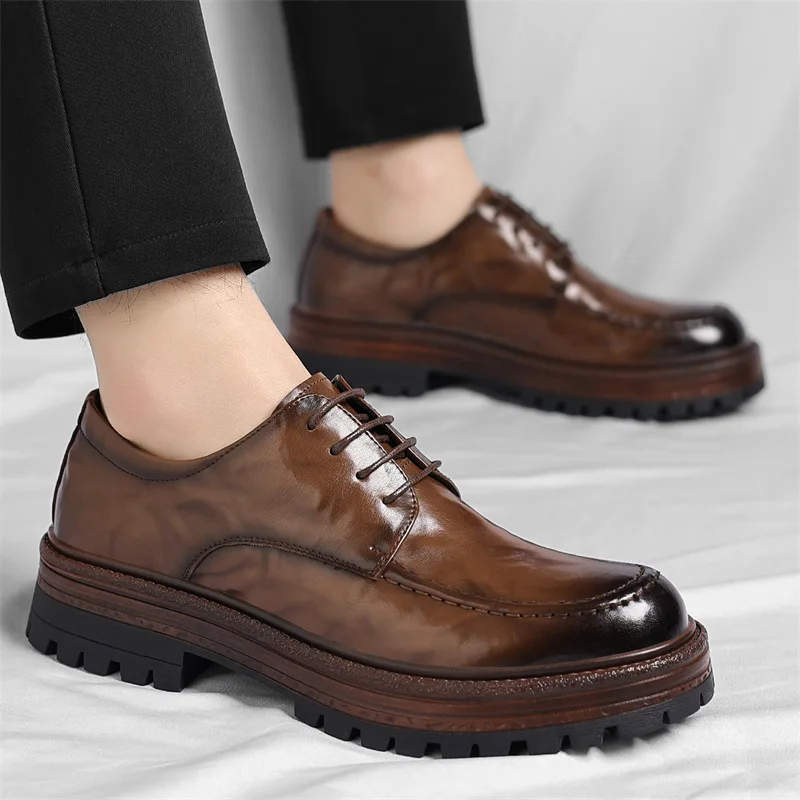 Vuntage Mens Leather Dress Shoes Luxury Handmade Quality 2026 Round Toe Autumn Fashion Elegant Wedding Social Shoes Man Size 44