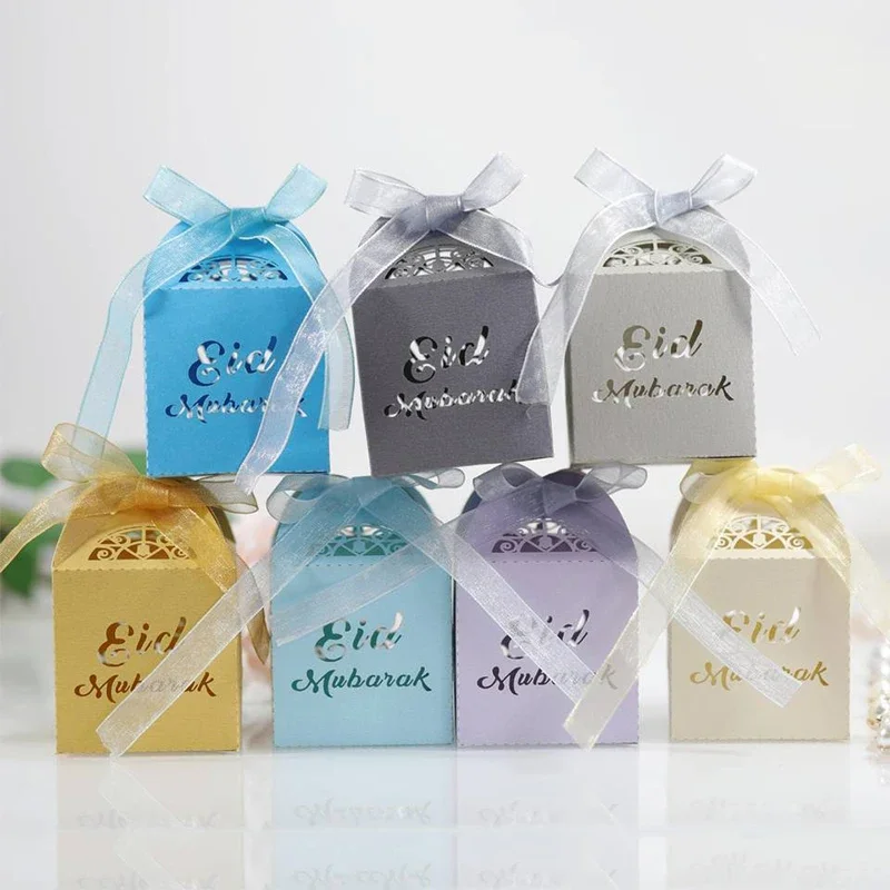 Caja de cartas en inglés para Festival hueco con láser, lazo reflectante, dorado, plateado, Chocolate, dulces, pequeña caja de papel para almacenamiento de aperitivos