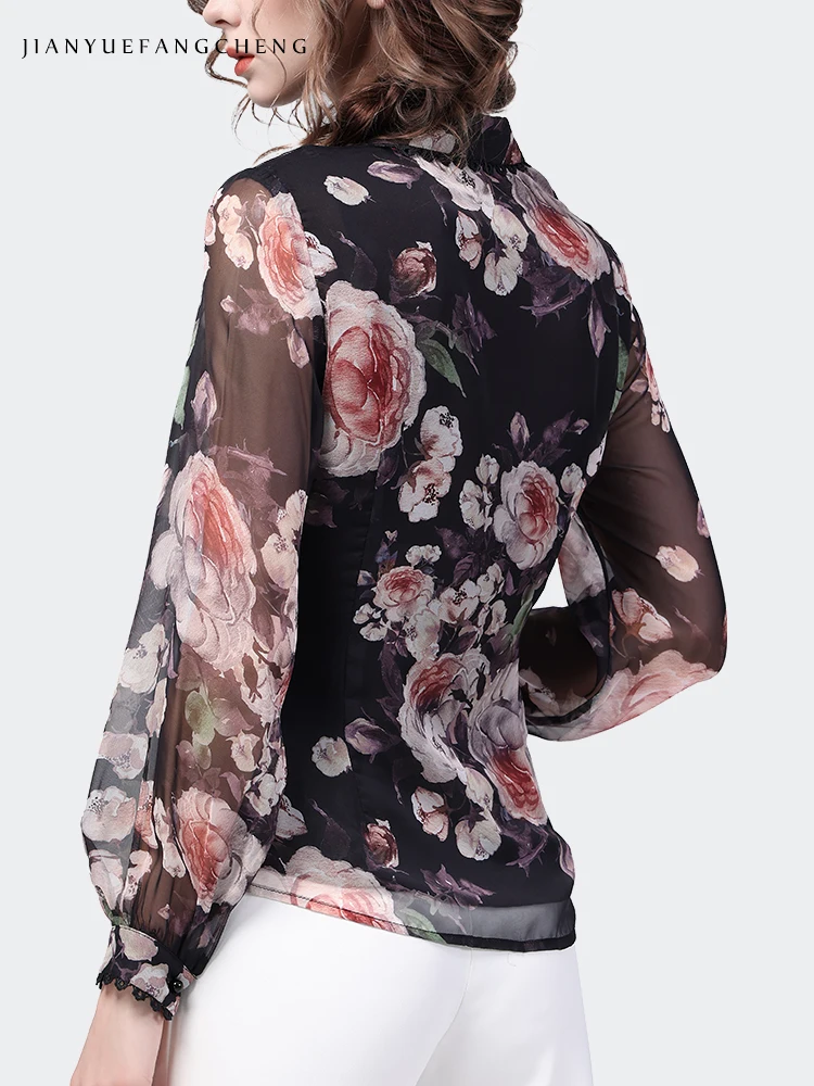 2024 Spring New Women\' Long Sleeve Floral Chiffon Top Fashionable Slim Printed Button Shirt Vintage V-Neck Casual Female Blouses