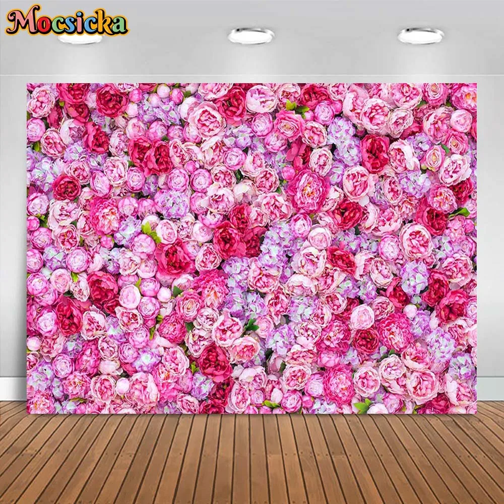 Mocsicka Pink Flowers Backdrop for Photography Wedding Birthday Women Baby Kids Portrait Photo Background Studio Photocall Props