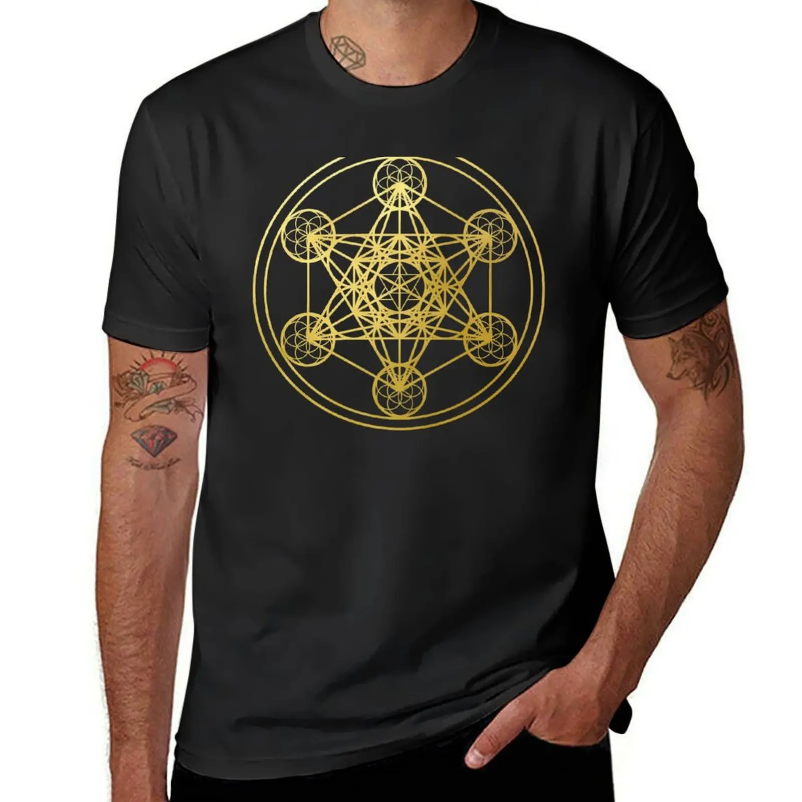 Metatrons Cube gold sacred geometry mandala esoteric symbol Kabbalah T-Shirt quick drying sweat shirts, men