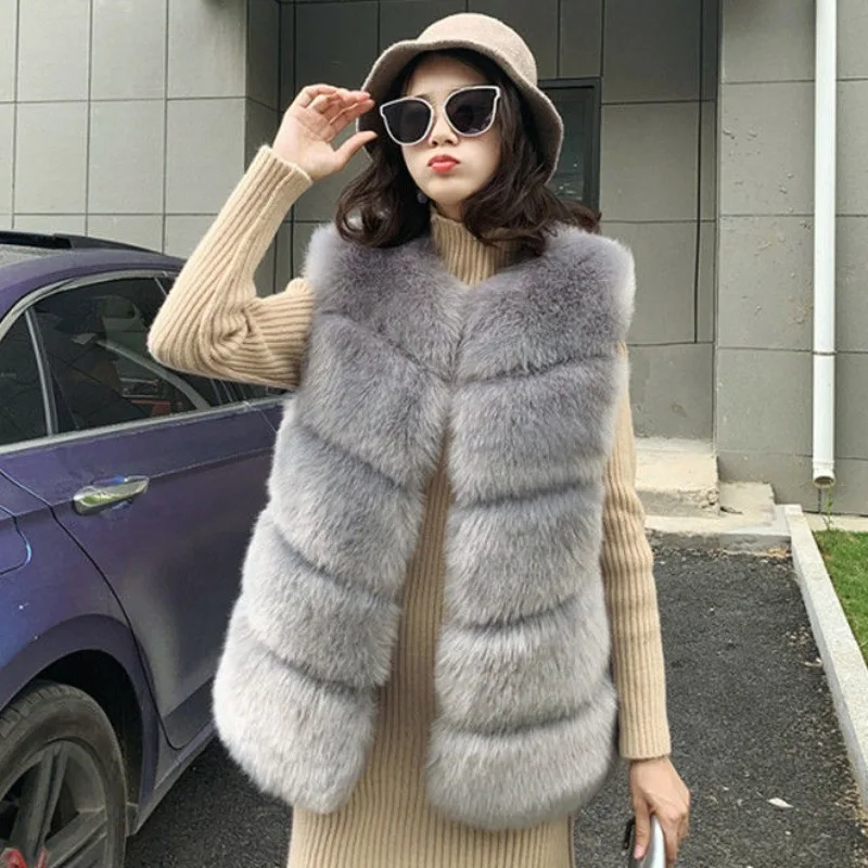 2023 Autumn Winter New Women Faux Fox Fur Coat Mid-Length Waistcoat Female Casual Thick Warm Temperament Outwear Fashion Vest