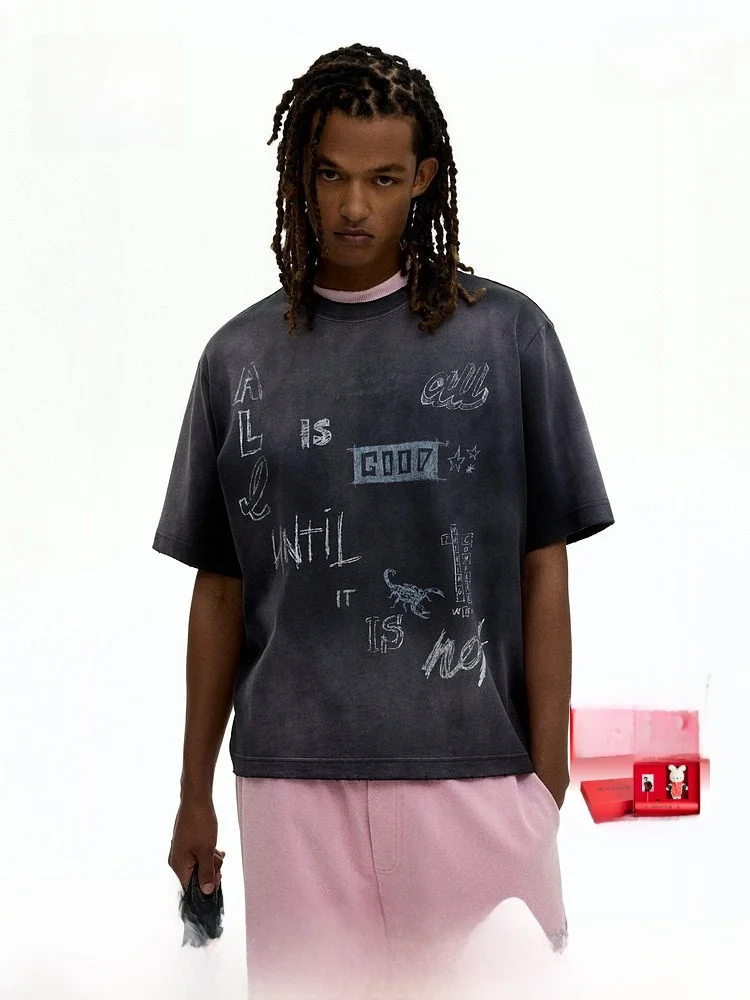 

H&M Men's T-irt Spring Loose Fit fiti Print round Ne ort Sve Square ape Casual Top 298525 Cotton Comfortable