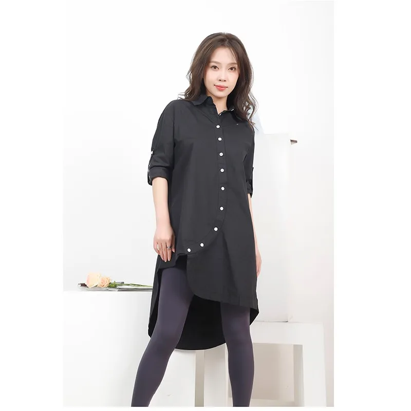 Tannt Women Dress Asymmetry Long Sleeves Black Cotton Irregular Loose Leisure Long Shirts Dresses For Women