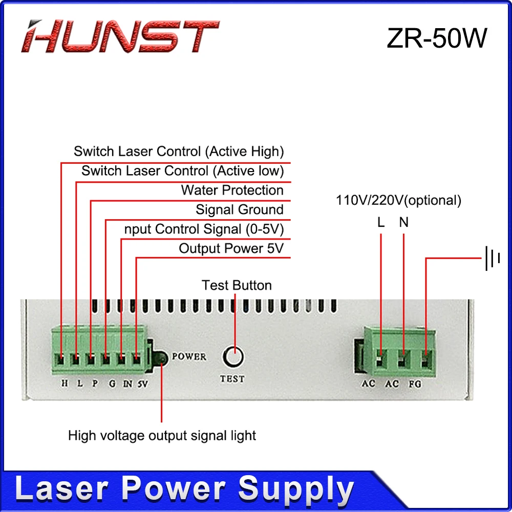 Лазерный источник питания HUNST ZR 50 Вт для станок для гравировки и резки стеклянных трубок Co2 мощностью 40 Вт и 50 Вт. Гарантия 2 года.