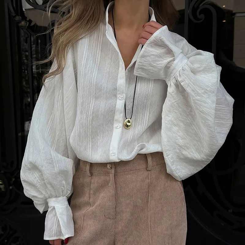 

Women's clothing 2025 summer new fashion lapel loose simple design long sleeve shirt top club clothing Vestidos