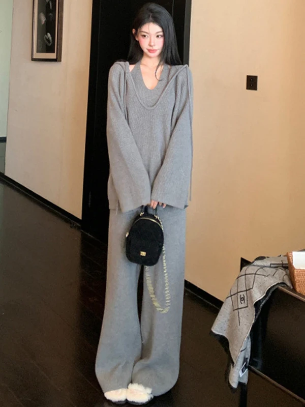 

Gray Knitted Sweater Vest Wide Leg Pants Three Piece Set Lazy Style Women's Anti-Aging Spring 2026 Casual Sportswear Ensemble