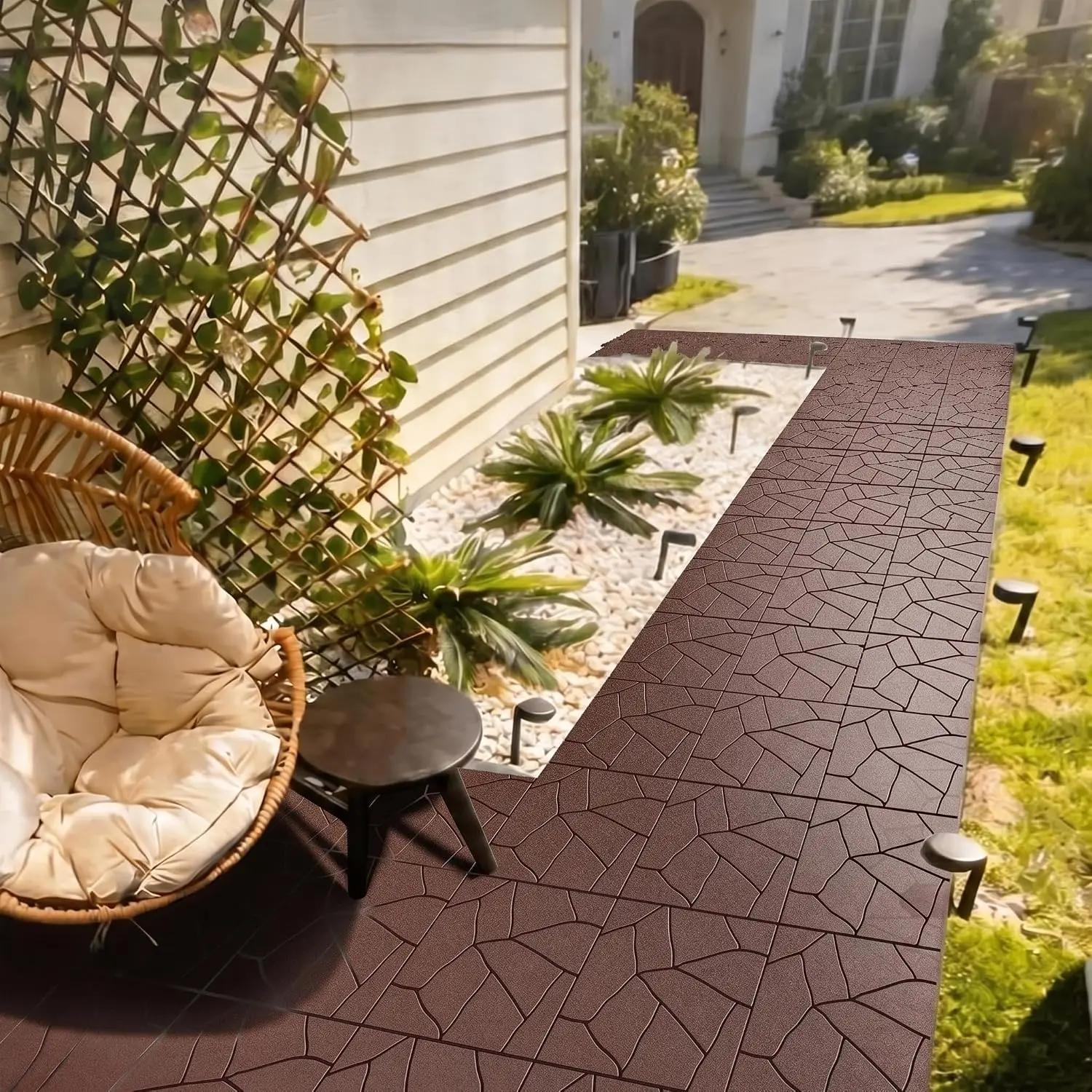 Interlocking Deck Tiles Waterproof 44pc Plastic Snap Patio Flooring Balcony Porch Backyard Easy Install Outdoor Floor Dark Brown