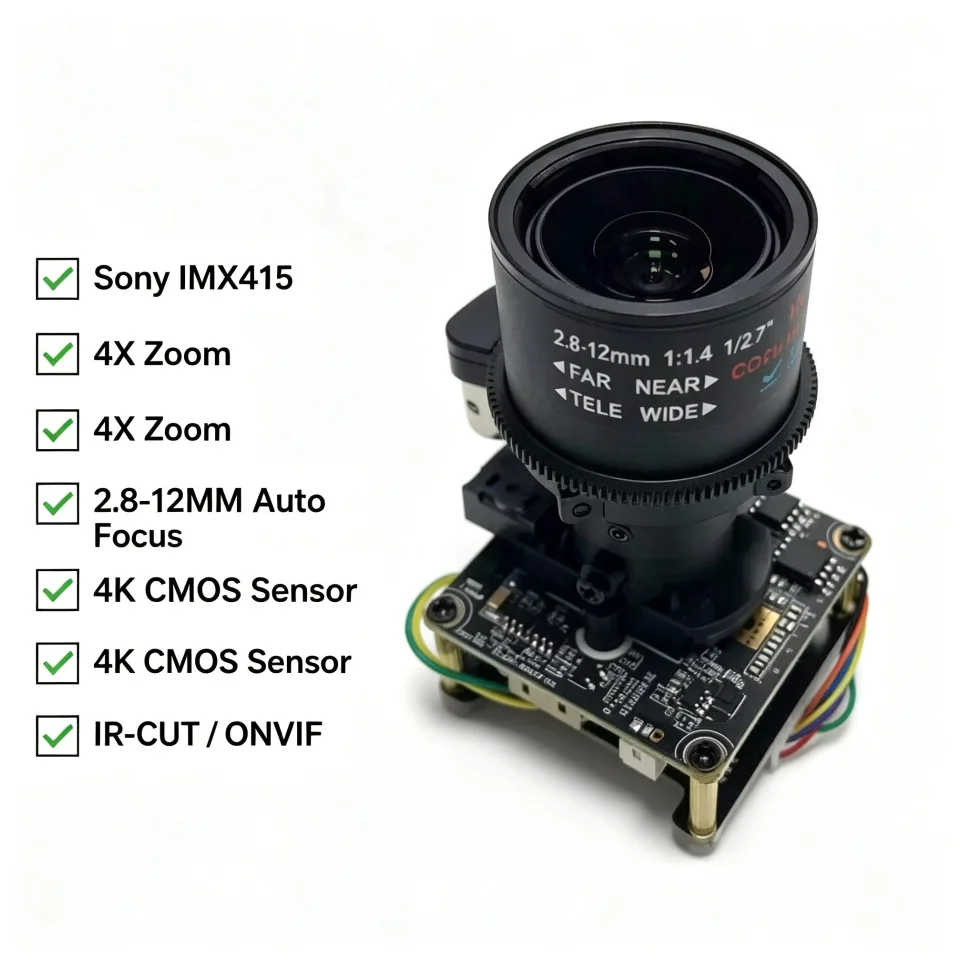 Sony IMX415 8MP 4K Camera Module 4X Motorized Zoom Auto Focus 2.8-12mm Lens IP Board Camera For CCTV Surveillance Machine Vision