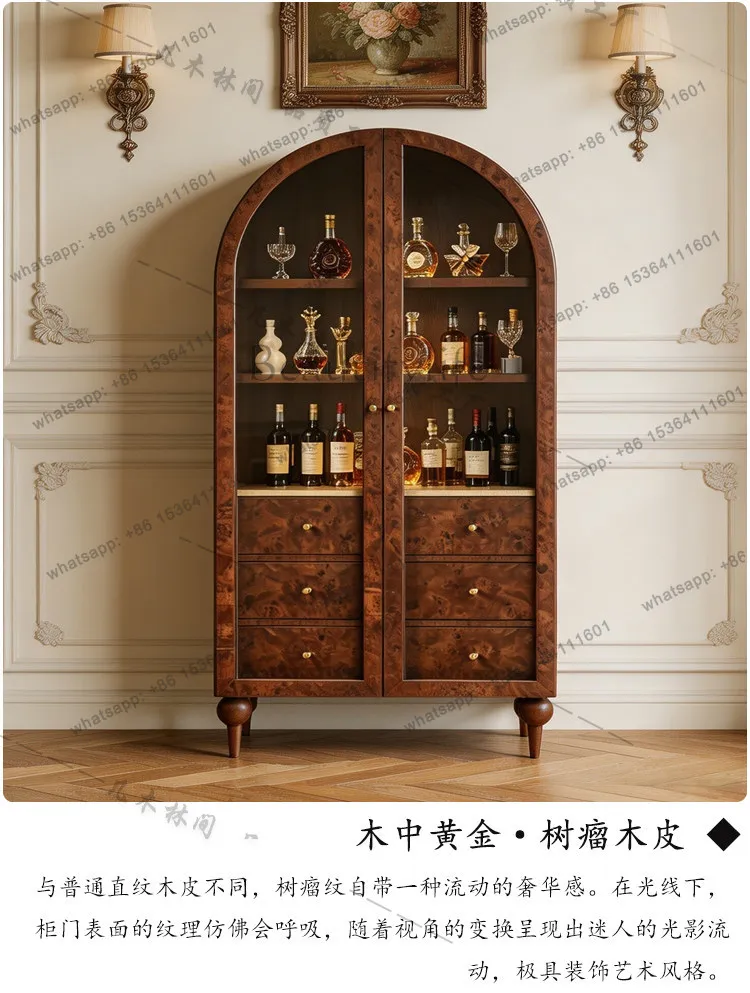 French vintage solid wood arched wine cooler villa living room glass door against the wall multifunctional sideboard
