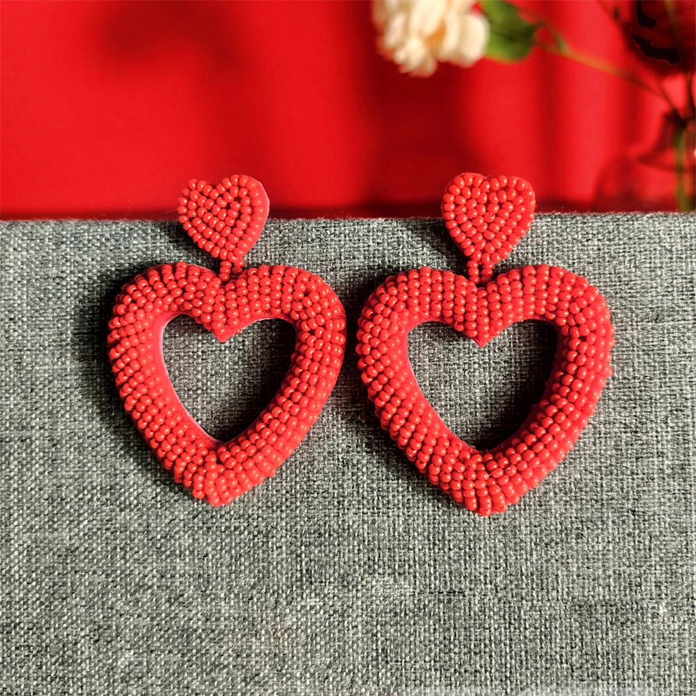 2024 Trend Aesthetic Seed Beaded Jewelry Valentines Day Gift Pink Red Letter Love Double Heart Shape Drop Earrings for Women Her