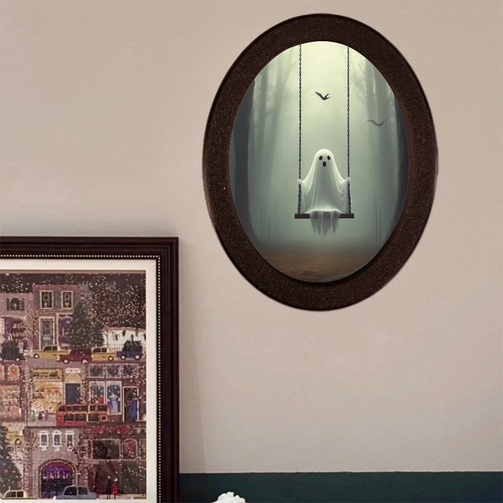 قطعة واحدة من ديكور بيضاوي تحت عنوان، إطار أسود قديم يظهر شبحًا على مشهد التأرجح، يخلق جوًا غامضًا وحيداً، Su #5