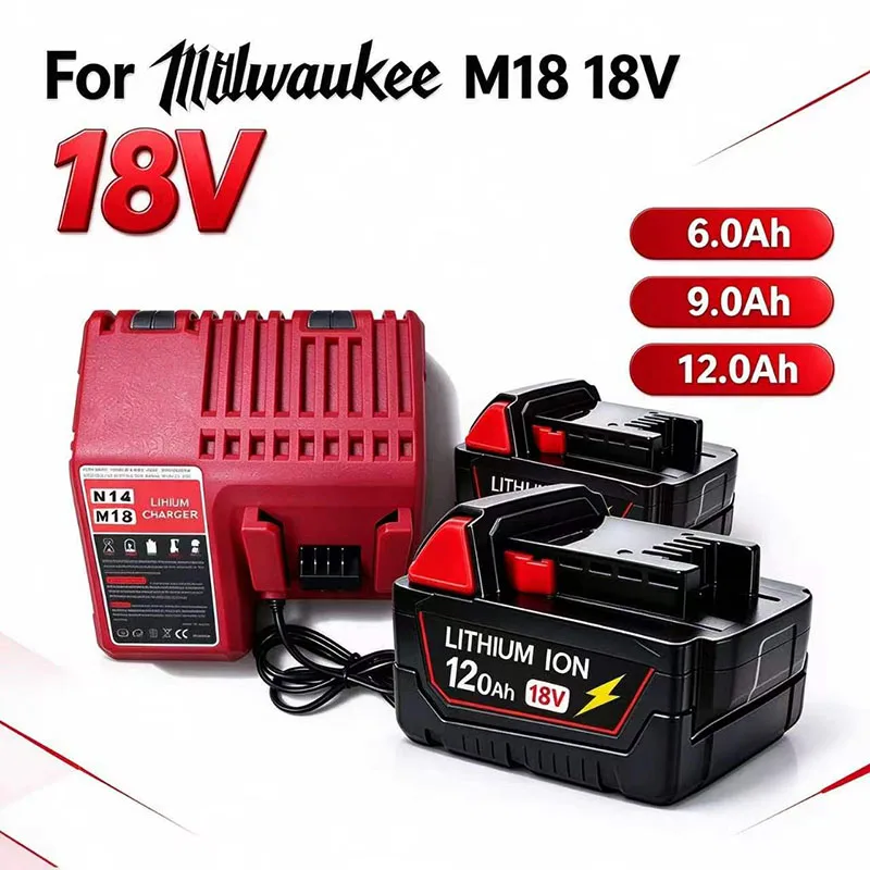 For Milwaukee M18 Saw Battery, Charger, BR, XC, 18V4.0Ah M18B4, 48-11-1840, For Milwaukee 18V 9.0Ah 12.0Ah Lithium Ion Battery