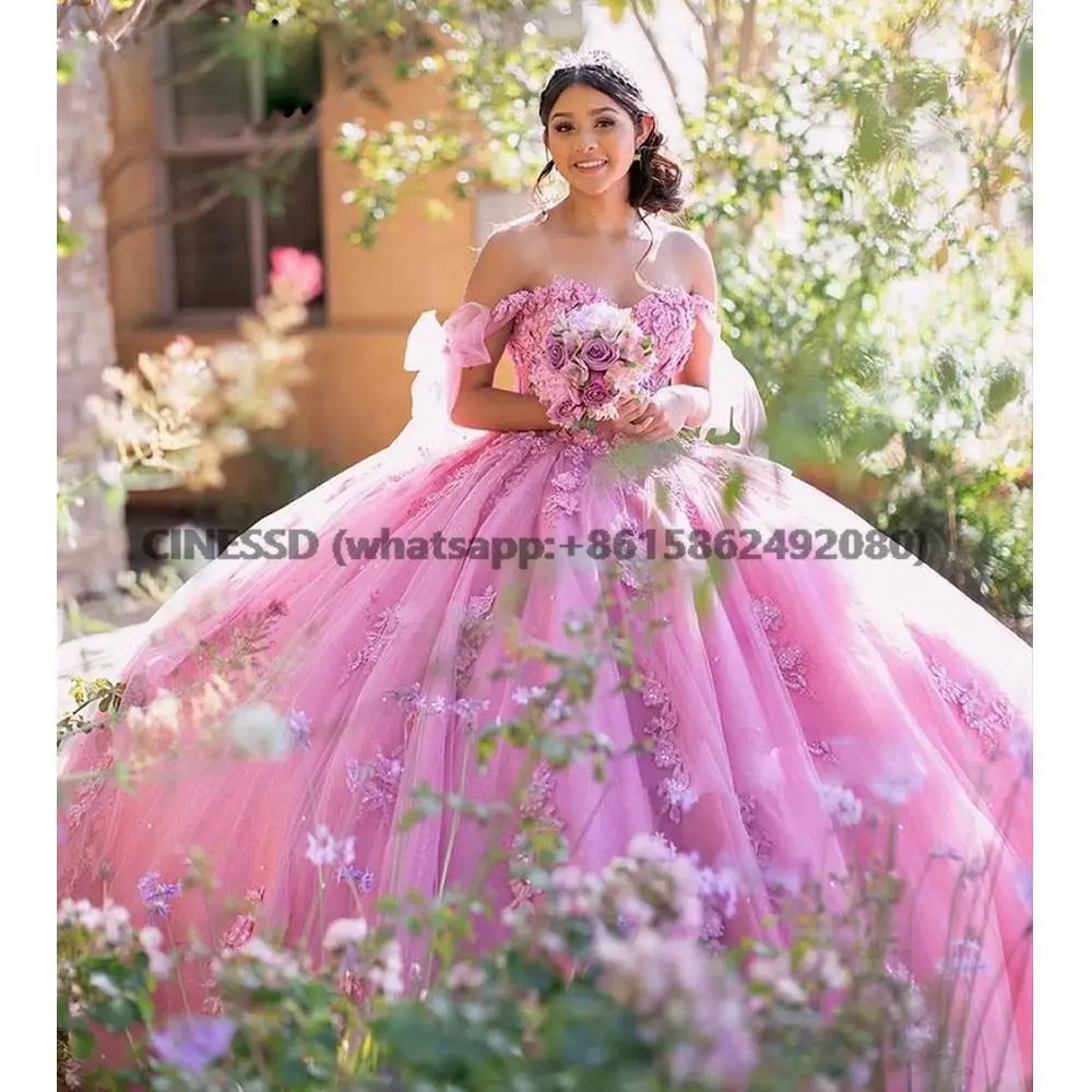 Vestidos de quinceañera rosa, vestido de baile sin hombros, dulce hinchado 16, 3D flores rosas, vestidos de fiesta de celebridades, graduación