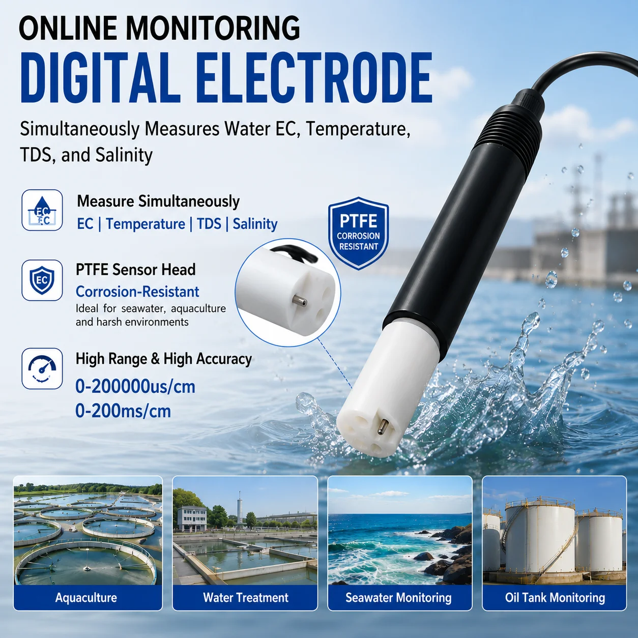 Online Monitoring Digital Electrode Can Simultaneously Measure Water EC Temperature TDS and Salinity PTFE Sensor