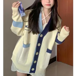 Women Autumn Korean Fashion Loose Embroidered V-neck Knitting Cardigan Coat Ladies Simplicity All-match Appear Thin Knitwear