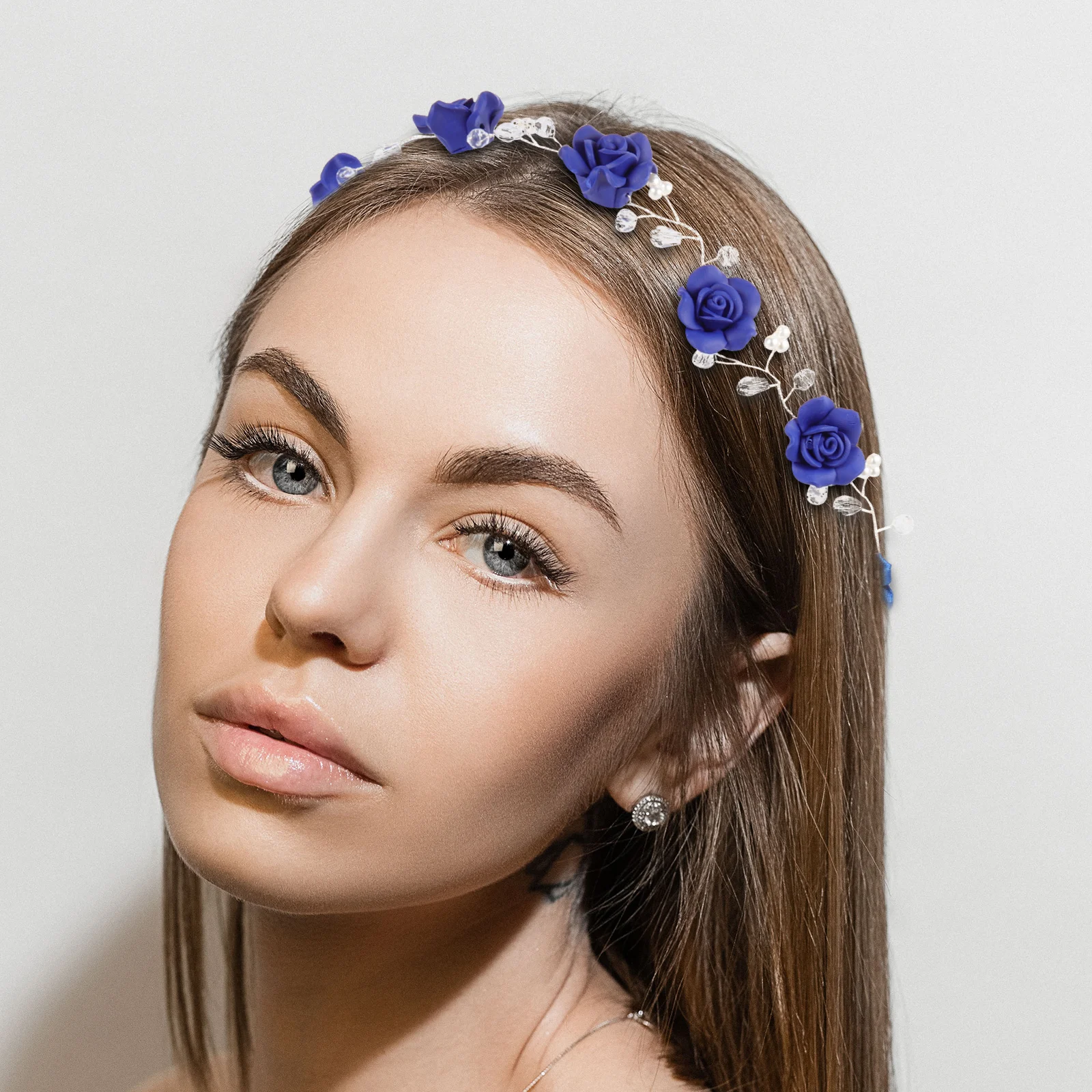 

Exquisite Blue Rose Pearl Headband Bridal Rhinestone Hair Decor Accessory For Wedding Party Banquet