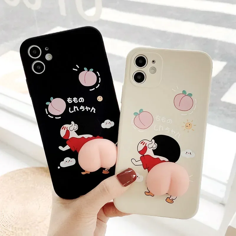 Funny Cartoon Peach Ass Reliever Stress Case For iPhone 16 12 13 promax 14 15 Pro Max Silicone Soft Nohara Shinnosuke Back Cover