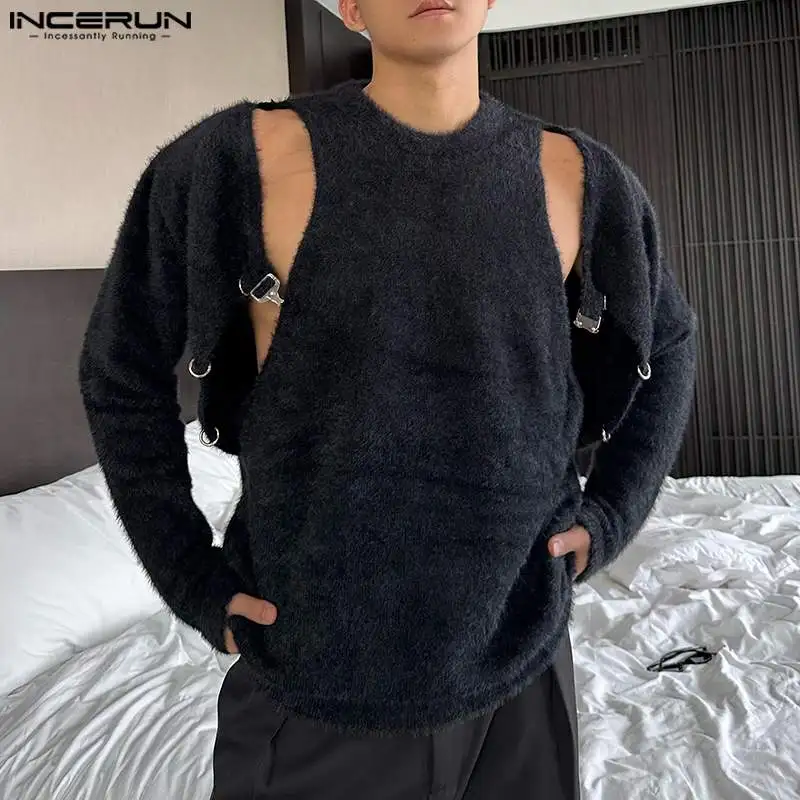 INCERUN Men\'s Sweaters Solid O-neck Long Sleeve Plush Hollow Out Knitted Male Pullovers Streetwear 2023 Fashion Men Clothing