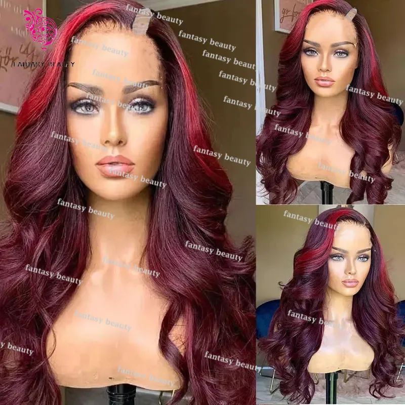 

Highlights Red 99J U Part Body Wave V Part Fuchsia High Density Lace 250% Density 1 x 4 Open Lace wig 100% human Peruvian hair