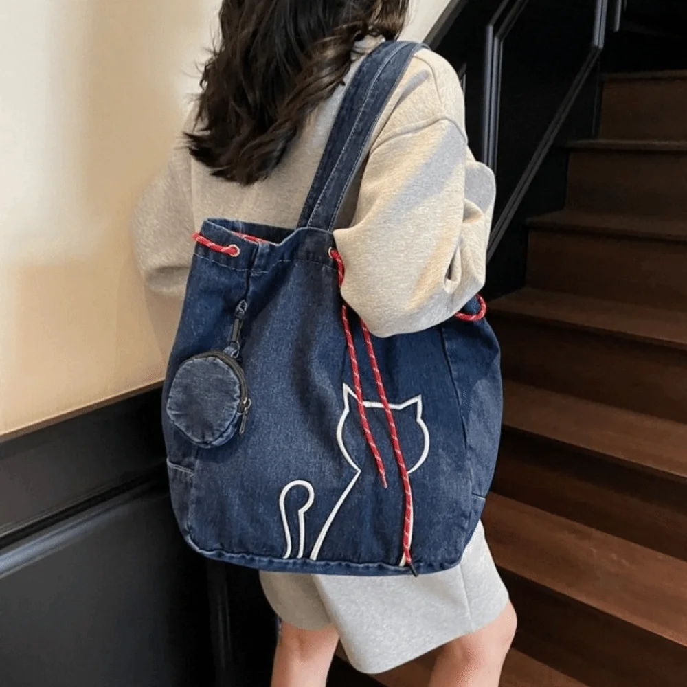 

Leisure Vintage Women Tote Bags Denim Harajuku Kitty Shoulder Bags Y2k Large-capacity Drawstring Bag Commuting