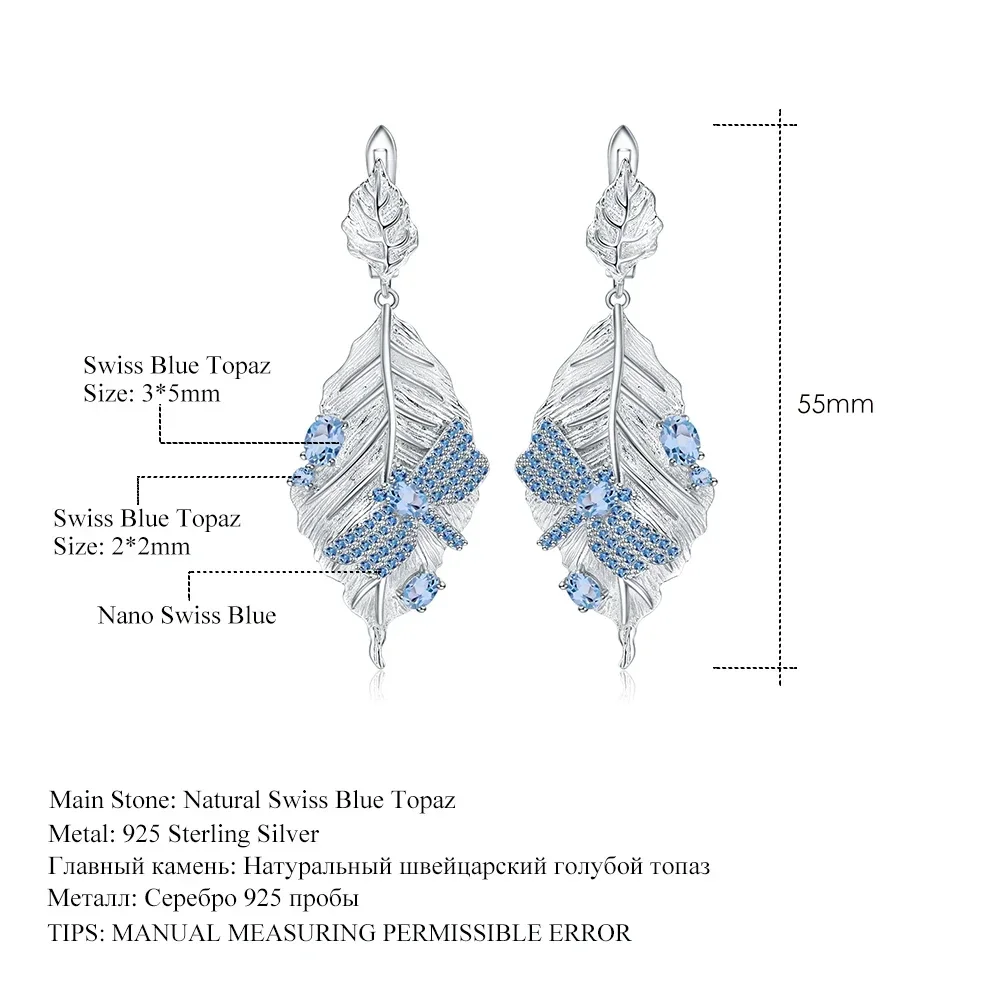 

GEM'S BALLET 925 Sterling Silver 1.57Ct Natural Swiss Blue Topaz Earrings Handmade Long Leaves Drop Earrings for Women Bijoux