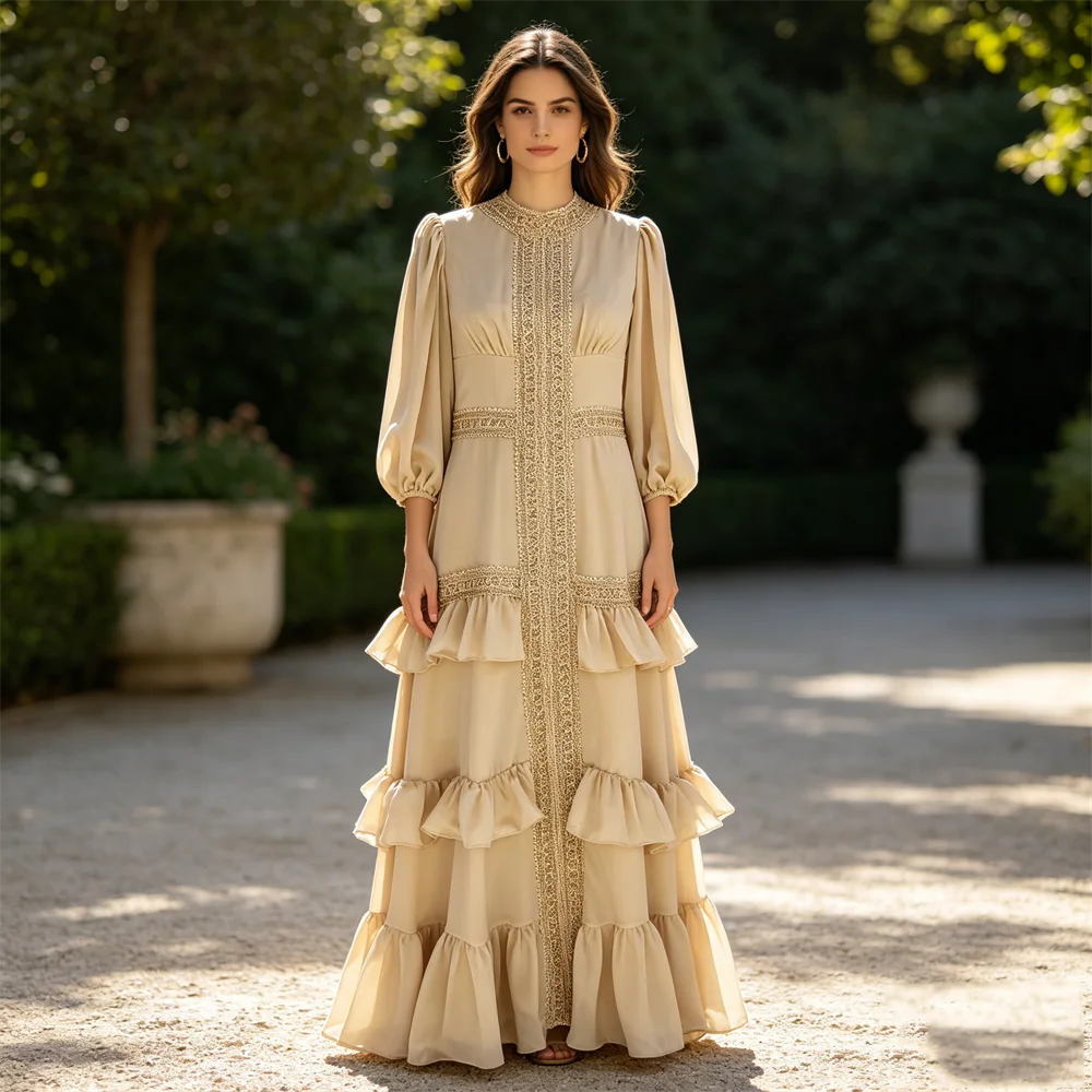 

Customized Real Photo Muslim Evening Dresses Khaki Modest O-neck Full Sleeves Zipper Back Women Plus size Party Woman Gown ML072