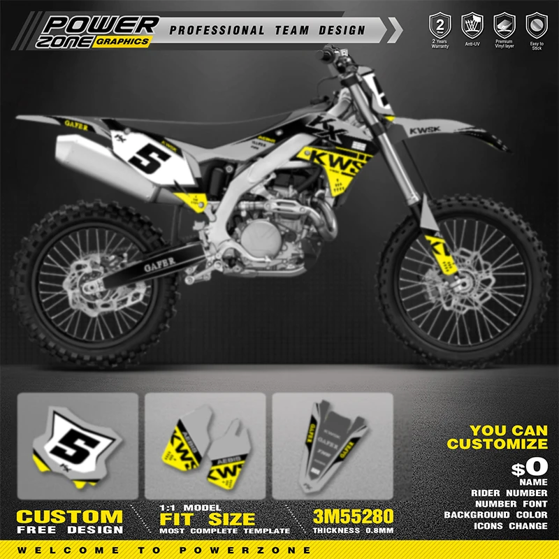 

PowerZone Custom Team Adhesive Decals Vinyl Sticker Kit For Kawasaki 2019 -2023 KXF KX450 2021-2024 KXF KX250 Motorcycle 12