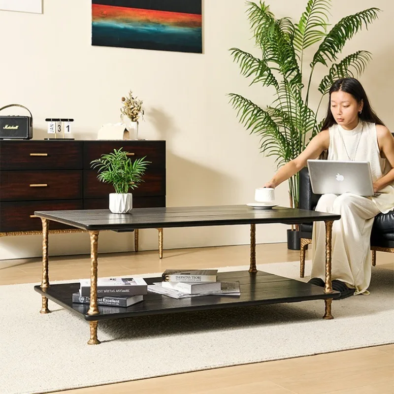 Retro style long coffee table, solid wood two-layer storage coffee table