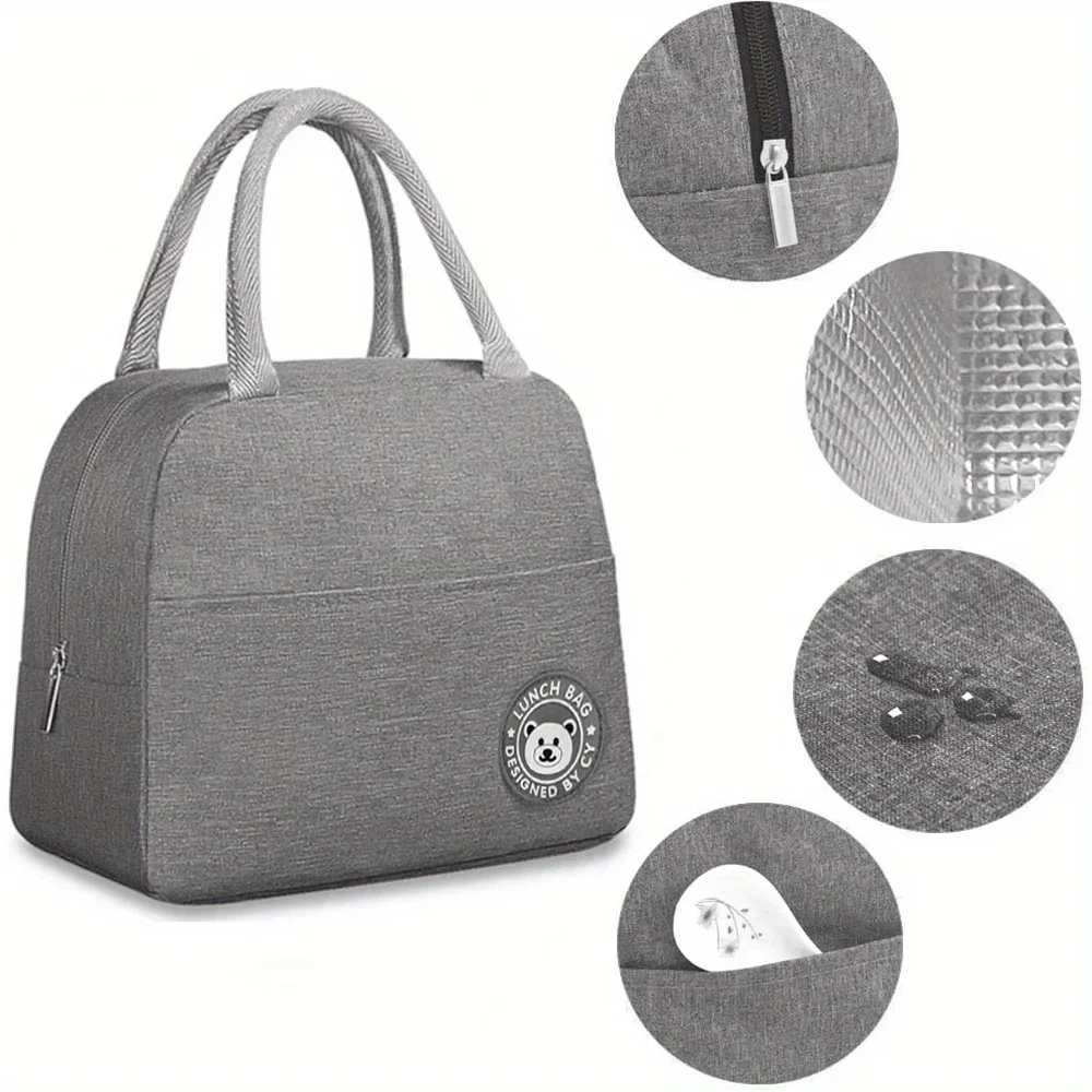 Customized Gray Insulated Lunch Bag Bento Bag Aluminum Foil Rose Gold Letter Pattern Insulated Lunch Box Camping Picnic Food Bag