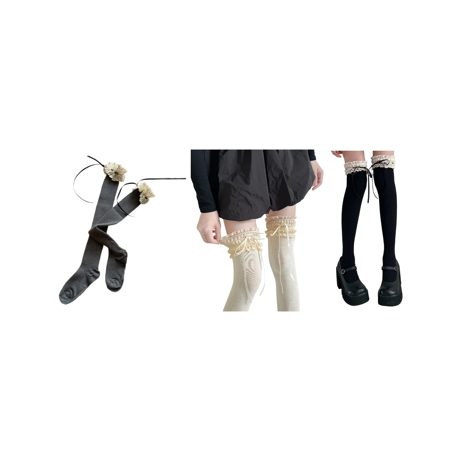 

Кружевные чулки выше колена, трехцветный набор (по одному паре каждого цвета: серый/белый/черный)