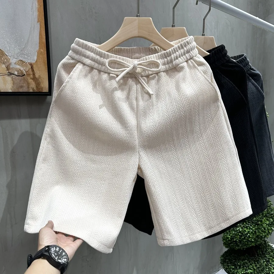 

Men Knitted Striped Jacquard Shorts Elastic Drawstring Waist Loose Knee Pants with Side Pockets Summer Soft Breathable Bottoms