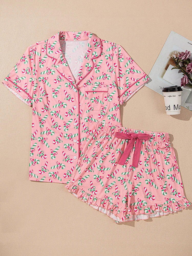 Casual Y2K Lace Up Bow Pajama Sets Women 2 Piece Shorts Cute Short Sleeve Matching Lounge Shirts Sets 90S Santa Claus Pajamas