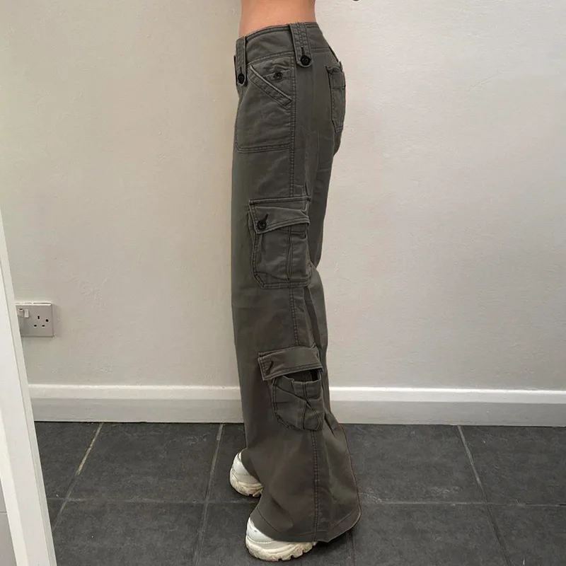 Retro Pocket Low Waist Jeans Simple Tooling Style Loose Basic Versatile Straight Trousers