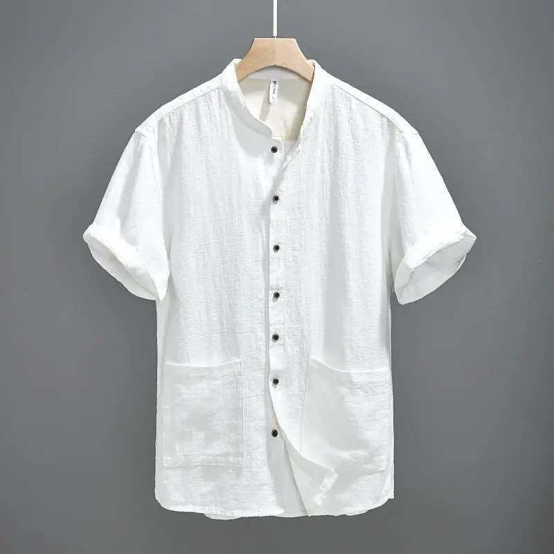 Neue Chinesische Retro Stehkragen Ramie Kurzarm männer Lose Atmungsaktive Casual Chinesischen Stil Dünne Hemd