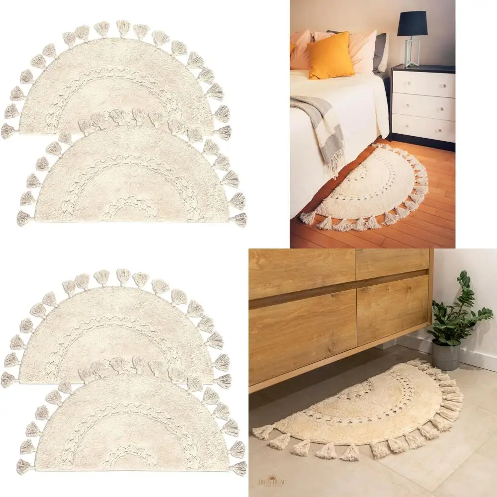 

Pair of Unique Bohemian Half-Circle Cotton Rugs with Tassels and Crochet - Decorative, Non-Slip for Bathroom & Bedroom - Cream