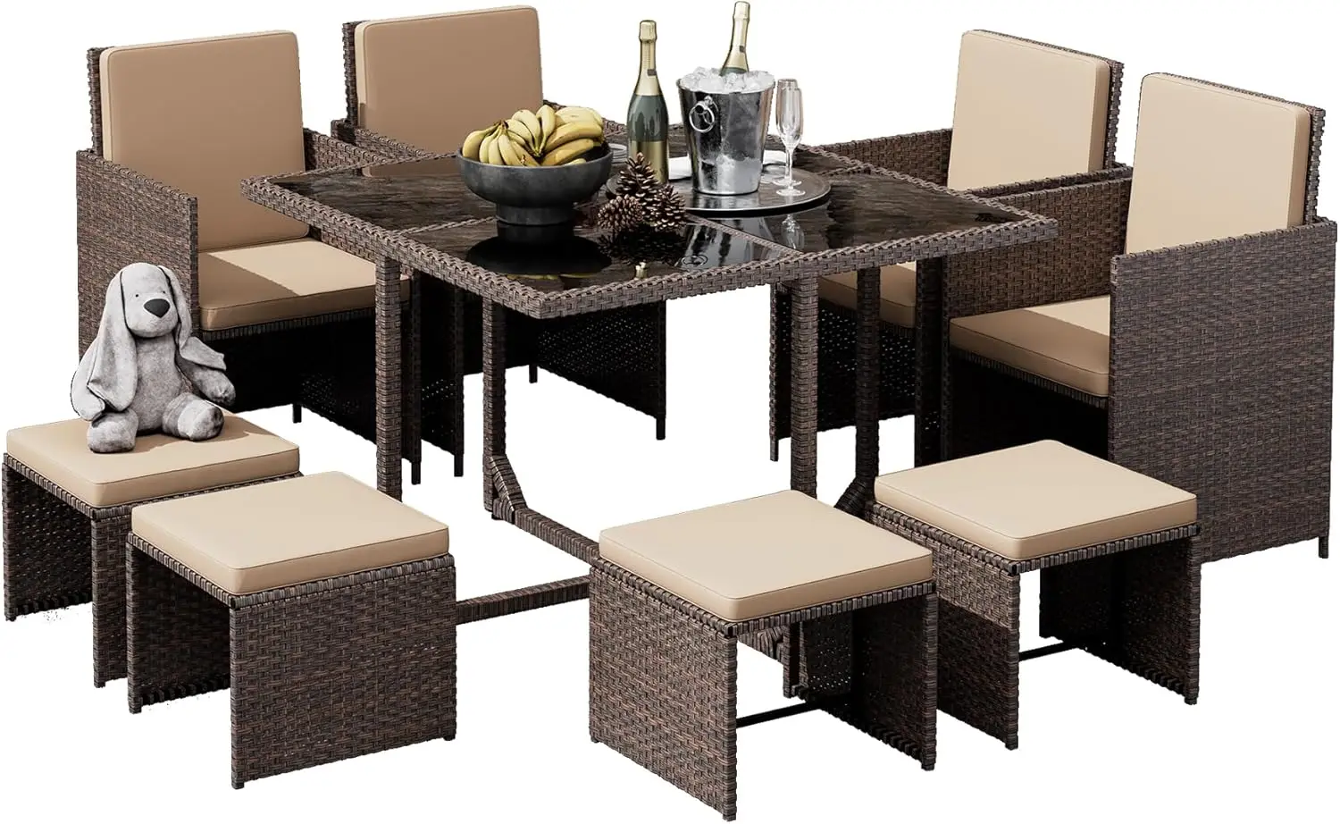 

Комплект садовой мебели из 9 предметов: компактные плетеные стулья из ротанга со стеклянным столом, плетеная мебель для бесед на открытом воздухе