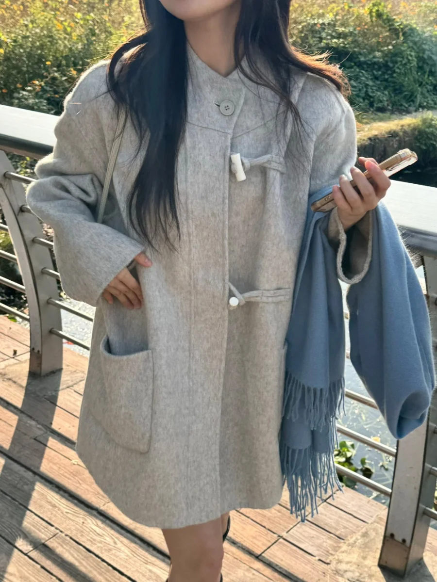 

Women's Loose Felt Coat with Large kets Retro Lazy Sle Slimming Autumn Winter Warm Thiened Cotton Korean Sle round Ne