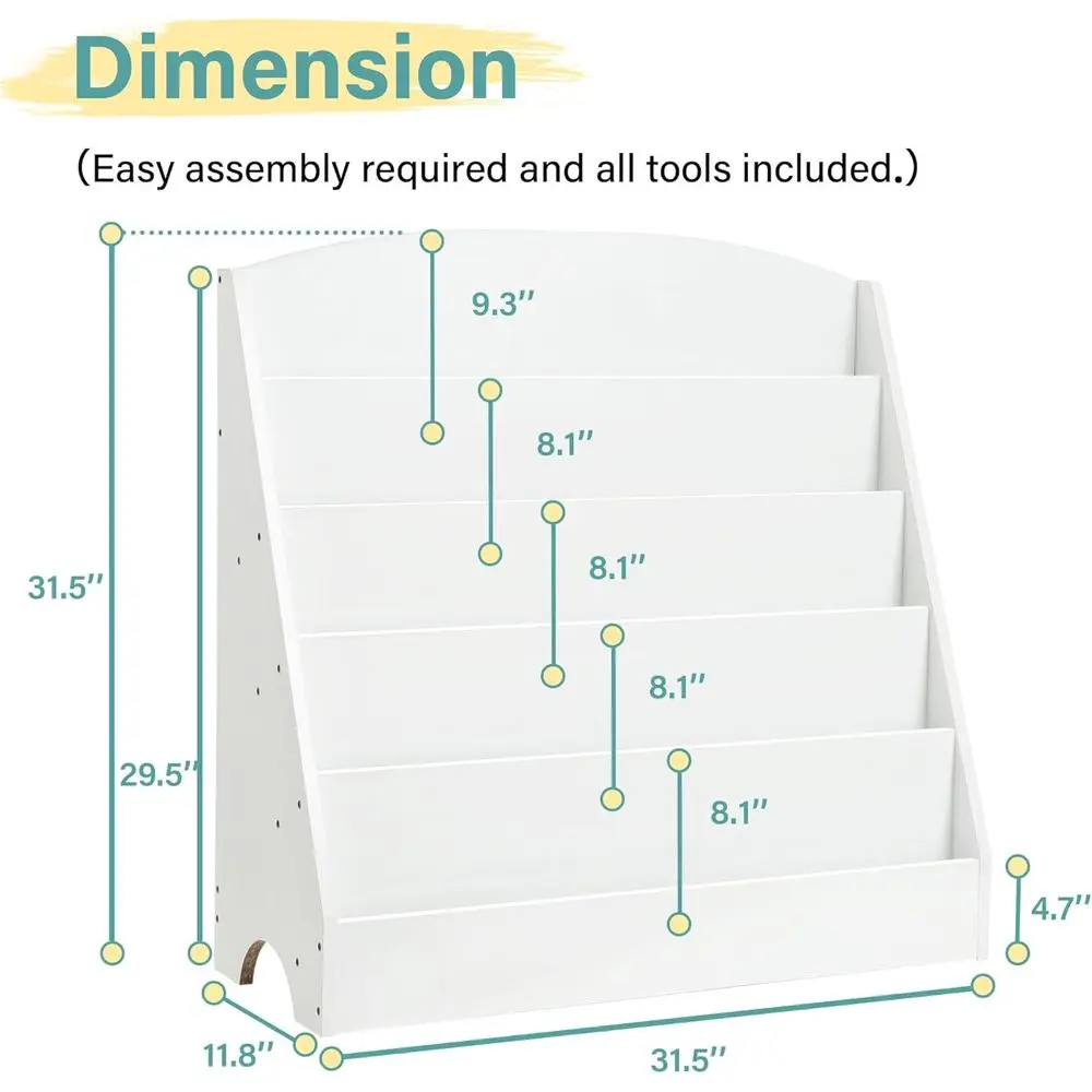 TOETOL 5-Tier Kids Bookshelf - Toddler Book Display Shelves for Classrooms, Playrooms, and Nursery - Wooden Children Book Rack (