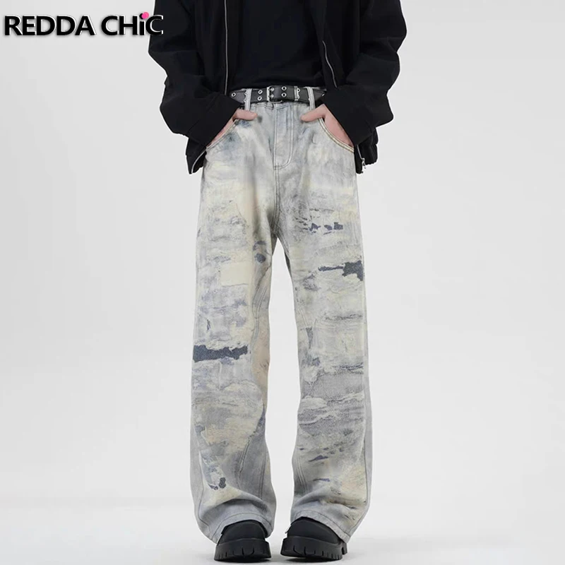 

REDDACHIC Men Blue Washed Tie Dye Denim Straight Pants Retro Do Old Low Rise Loose Casual Wide Baggy Jeans Y2k Hiphop Streetwear
