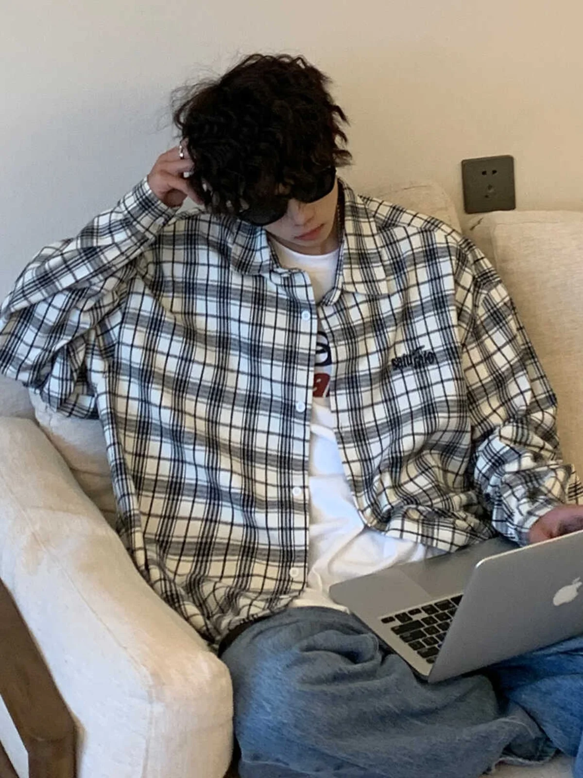 

Мужская рубашка в американском стиле ретро в клетку с длинным рукавом, весенне-осенняя, свободного кроя, больших размеров, модная, с вышивкой, повседневная, стильная верхняя одежда