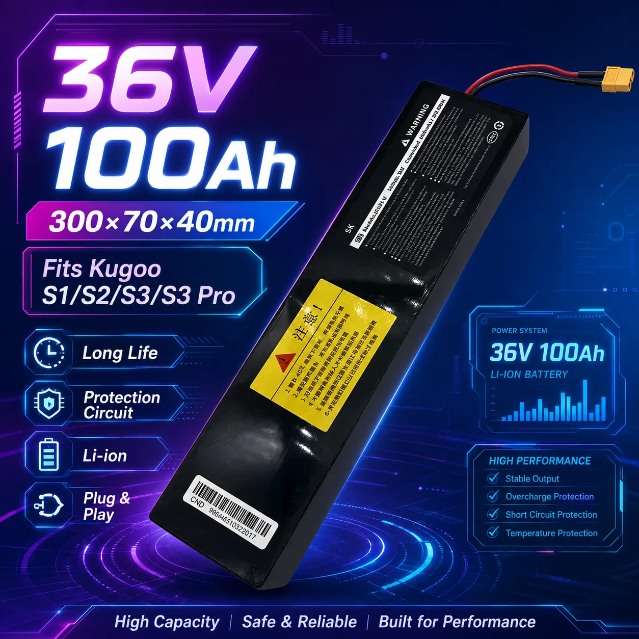 Ersatz-Akku für Kugoo S1 S2 S3 Elektroroller, 36V 100Ah Li-Ion, 10S3P Pack mit BMS, 30 Zellen